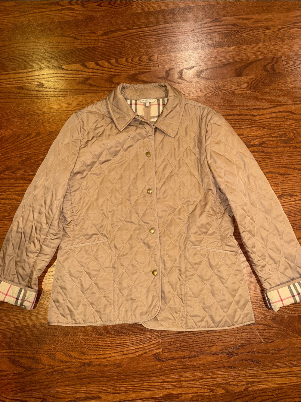 Burberry Quilted Taupe Women's Puffer Jacket with Plaid Trim
